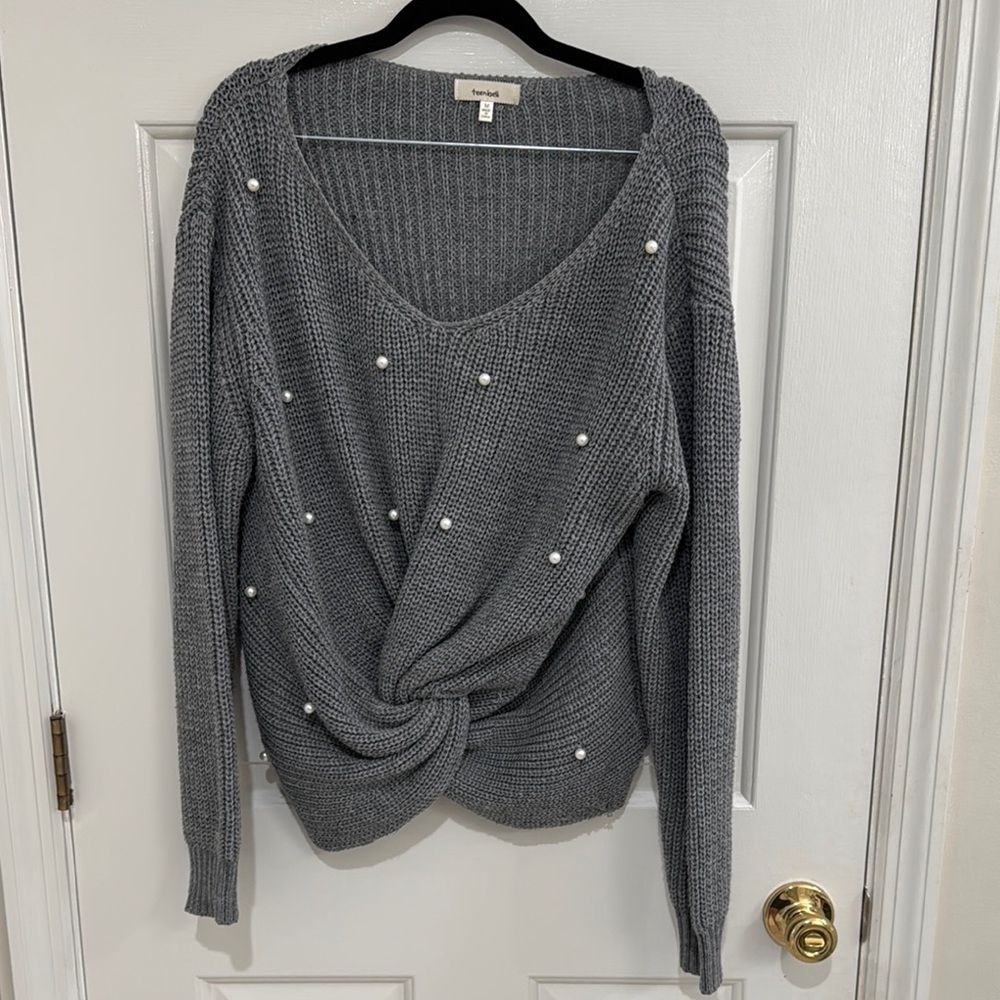 Gray Knotted Sweater with Pearl Accents